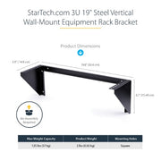StarTech.com 3U 19” Wall Mount Vertical Rack Bracket, Wall Mount Patch Panel Bracket for Data/AV/IT/Computer Equipment, 3U Rack for Cabinet or Server Room, Supports 150lb (68kg) Capacity - TAA