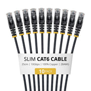 StarTech.com 25cm Black Slim CAT6 Cable, 10 Pack, Snagless, 100W PoE, UTP, LSZH, 28AWG Pure Bare Copper Wire, Slim RJ45 Network Patch Cord w/Strain Reliefs, Individually Tested