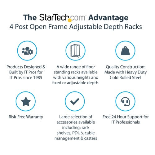 StarTech.com 15U 4-Post Server Rack, 19in Open Frame Rack with 40in (101cm) Mounting Depth and 1200lb (544kg) Weight Capacity, Mobile or Floor Mount IT Rack