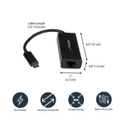 StarTech.com USB-C to Gigabit Ethernet Adapter, Black, Thunderbolt 3 / 4 Compatible, Windows & Mac, RJ45 LAN Network Converter