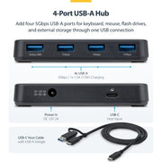 StarTech.com 4-Port USB-A Hub, 5Gbps, Self-Powered, 2-in-1 USB-C and USB-A Host Cable, 1x BC 1.2 Charging Port, 24W Power Adapter Included, MacBook and Windows