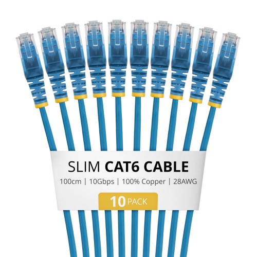 StarTech.com 1m Blue Slim CAT6 Cable, 10 Pack, Snagless, 100W PoE, UTP, LSZH, 28AWG Pure Bare Copper Wire, Slim RJ45 Network Patch Cord w/Strain Reliefs, Individually Tested