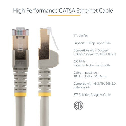 StarTech.com 10m CAT6a Ethernet Cable - 10 Gigabit Shielded Snagless RJ45 100W PoE Patch Cord - 10GbE STP Network Cable w/Strain Relief - Grey Individually Tested/Wiring is UL Certified/TIA