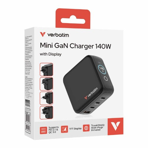 Verbatim 140W Mini GaN Charger with Display Universal Black AC Fast charging Indoor