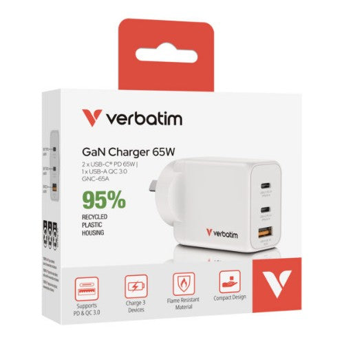 Verbatim 65W 3-Port GaN Wall Charger Universal White AC Fast charging Indoor