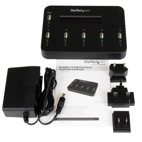 StarTech.com Standalone 1 to 5 USB Thumb Drive Duplicator and Eraser, Multiple USB Flash Drive Copier, System and File and Whole-Drive Copy at1.5 GB/min, Single and 3-Pass Erase, LCD Display - TAA