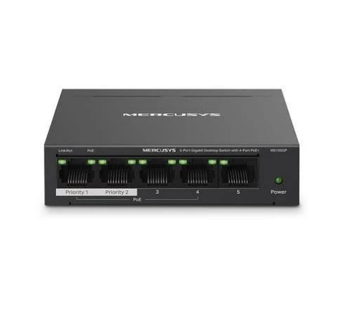 TP-LINK Mercusys MS105GP 5-Port Gigabit Desktop Switch with 4-Port PoE+, 10/100/1000 Mbps RJ45 ports, Up to 250 m