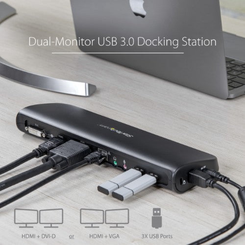 StarTech.com Dual Monitor USB 3.0 Laptop Docking Station with HDMI/DVI/VGA, 3x USB-A Hub, GbE, Audio, Universal Type-A Dock for Windows/macOS/ChromeOS - TAA Compliant