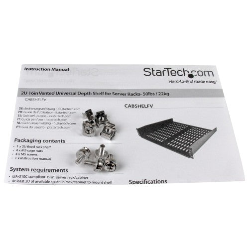 StarTech.com 2U Server Rack Shelf - Universal Vented Rack Mount Cantilever Tray for 19" Network Equipment Rack & Cabinet - Heavy Duty Steel - Weight Capacity 50lb/23kg - 16" Deep Shelf, Black - TAA