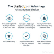 StarTech.com 2U Server Rack Shelf - Universal Rack Mount Cantilever Shelf for 19" Network Equipment Rack & Cabinet - Heavy Duty Steel - Weight Capacity 44lb/20kg - 16" Deep Tray