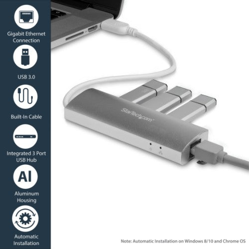 StarTech.com 3-Port USB Hub with Ethernet, USB-A Ports, Gigabit Ethernet/GbE, USB 5Gbps, Rugged Design, Bus-Powered, Portable Laptop USB 3.0 Hub