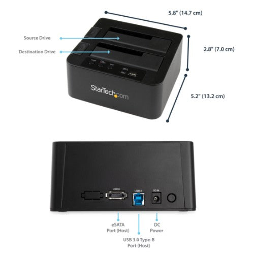 StarTech.com Dual Bay Hard Drive Duplicator, Standalone USB 3.0 (5 Gbps) / eSATA to 2.5/3.5" SATA III HDD/SSD Cloner/Copier, Hard Drive Docking Station, Hard Disk Cloner