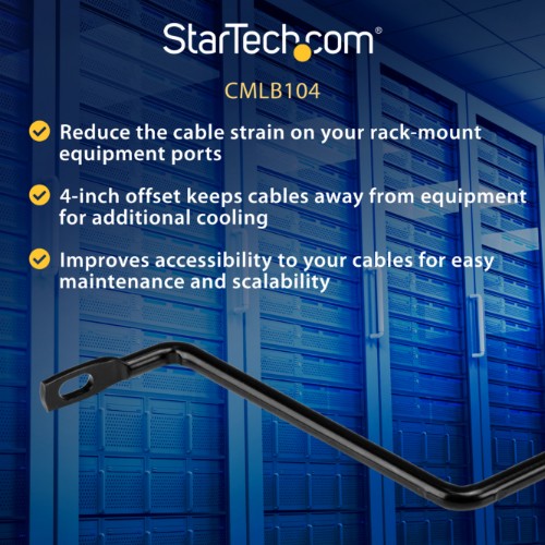 StarTech.com 10-Pack Horizontal Lacing Bar with 4in (10.2cm) Offset at 75 Degrees, Server Rack Cable Management, 19" Network Rack-Mount Cord Organizer