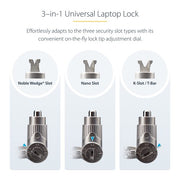 StarTech.com 3-in-1 Universal Laptop Lock 6.6ft (2m), Master Keyed Locking Cable, Compatible w/Noble Wedge®/Nano/K-Slot, Anti-Theft Cut-Resistant Cable, TAA